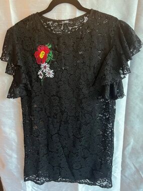 Zara Black Lace dress embroidered rose slip underneath large scalloped sleeves